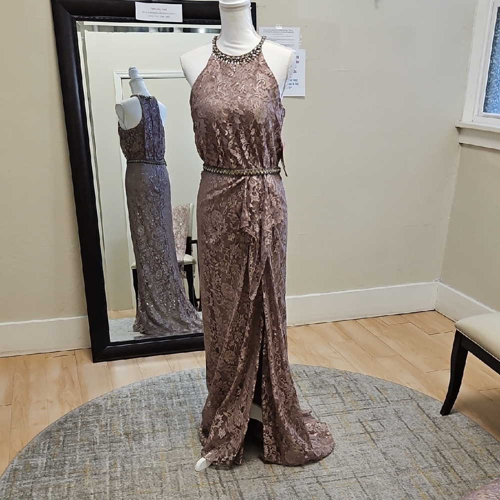 Size 6/8 MINK taupe lace high neck draped sheath gown w/ slit Cameron Blake NWT